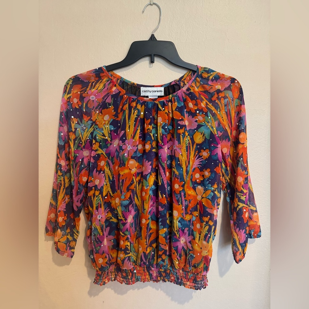 Colorful Cathy Daniels Women's Vibrant Floral Blouse, banded hem/sleeves